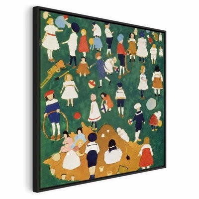 Kazimir malevich children – svart ram. Små gestalter i färgrika kläder samlas i en cirkelformad grupp på en grön målad yta.