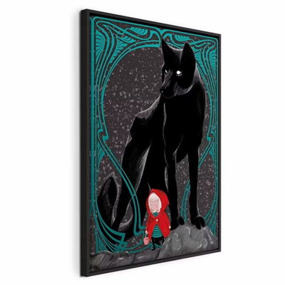 Red riding hood vertical – svart ram. En stor svart varg och en liten rödklädd figur bildar ett illustrerat sagomotiv inom en turkos, dekorativ bård.