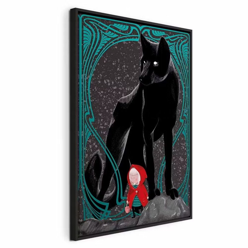 Red riding hood vertical – svart ram. En stor svart varg och en liten rödklädd figur bildar ett illustrerat sagomotiv inom en turkos, dekorativ bård.