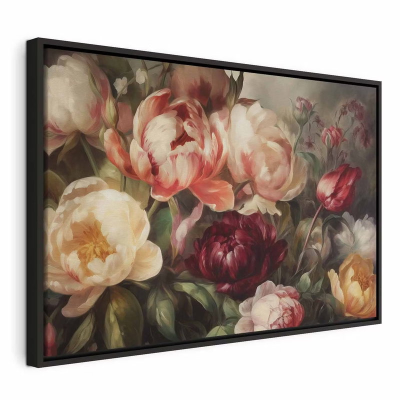 Charismatic peonies – svart ram. Crèmefärgade, rosa och vinröda pioner samlas med gröna blad mot en mörk bakgrund.