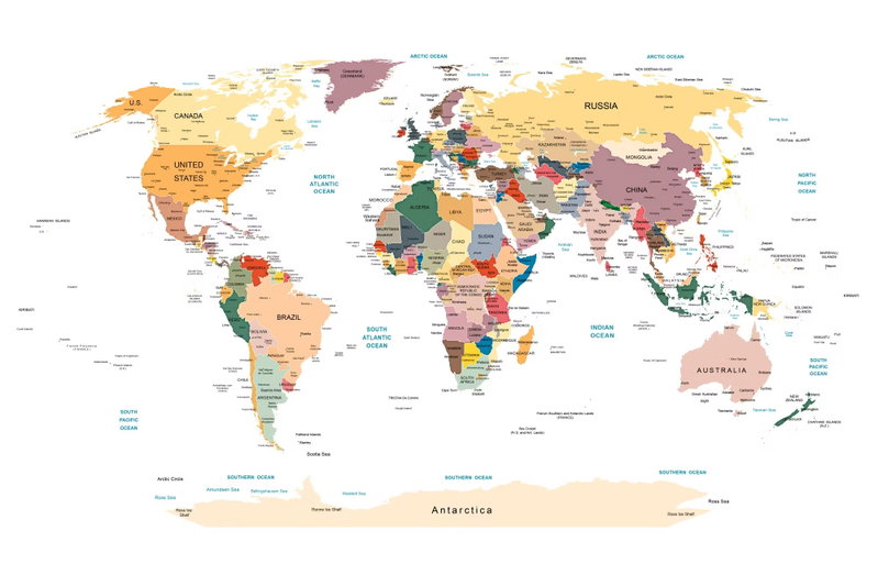 World map: Gula, rosa, blå och gröna länder med ortnamn möter ljusa hav i en klassisk kartkomposition.