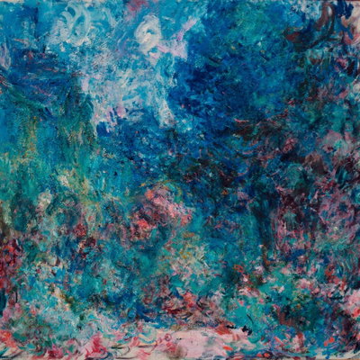 Claude monet la maison de l – motivvy. Täta blå och gröna penseldrag möter små rosa och ljusa blomfläckar i ett trädgårdsliknande motiv.