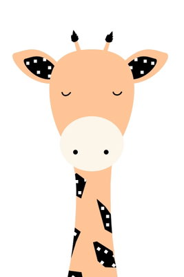 Funny giraffe vertical – motivvy. Ett långt, ljust orange giraffhuvud med slutna ögon och svarta fläckar sträcker sig uppåt mot vitt.