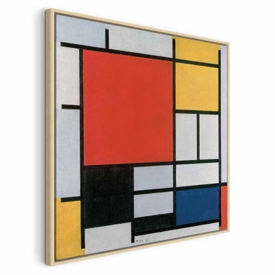 Piet mondrian composition – naturfärgad ram. Ett stort rött fält möter gula, vita och blå rektanglar inom kraftiga svarta linjer.