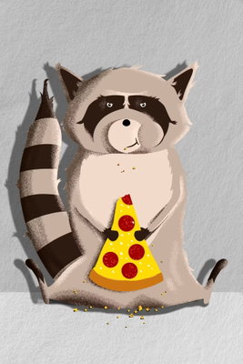 Gourmand raccoon vertical – motivvy. En tecknad gråbrun tvättbjörn håller en gul pizzabit med röda detaljer framför sig på grå botten.