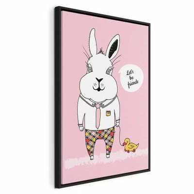 Rabbit and s friend vertical – svart ram. En vit, klädd kanin står intill en liten gul fågel mot en rosa bakgrund med en textbubbla.