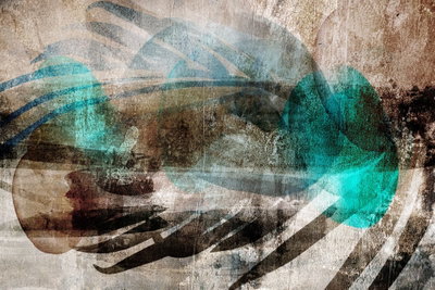 Abstract plume wide – motivvy. Svepande svarta, turkosa och gråvita linjer överlappar en sliten brunbeige bakgrund.