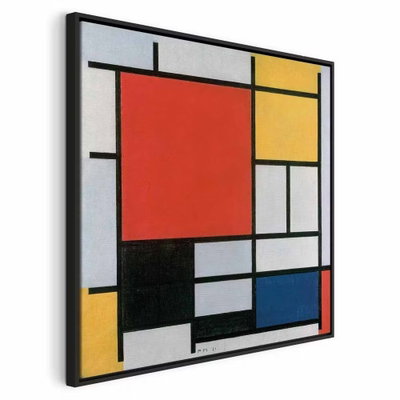 Piet mondrian composition – svart ram. Ett stort rött fält möter gula, vita och blå rektanglar inom kraftiga svarta linjer.