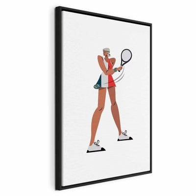 Tennis player with a racket – svart ram. En stiliserad tennisspelare med racket och kläder i rött och blågrönt framträder mot vitt.
