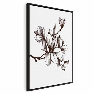 Renaissance magnolias – svart ram. Blommande magnoliagrenar tecknas med bruna och svarta konturer mot en vit bakgrund.
