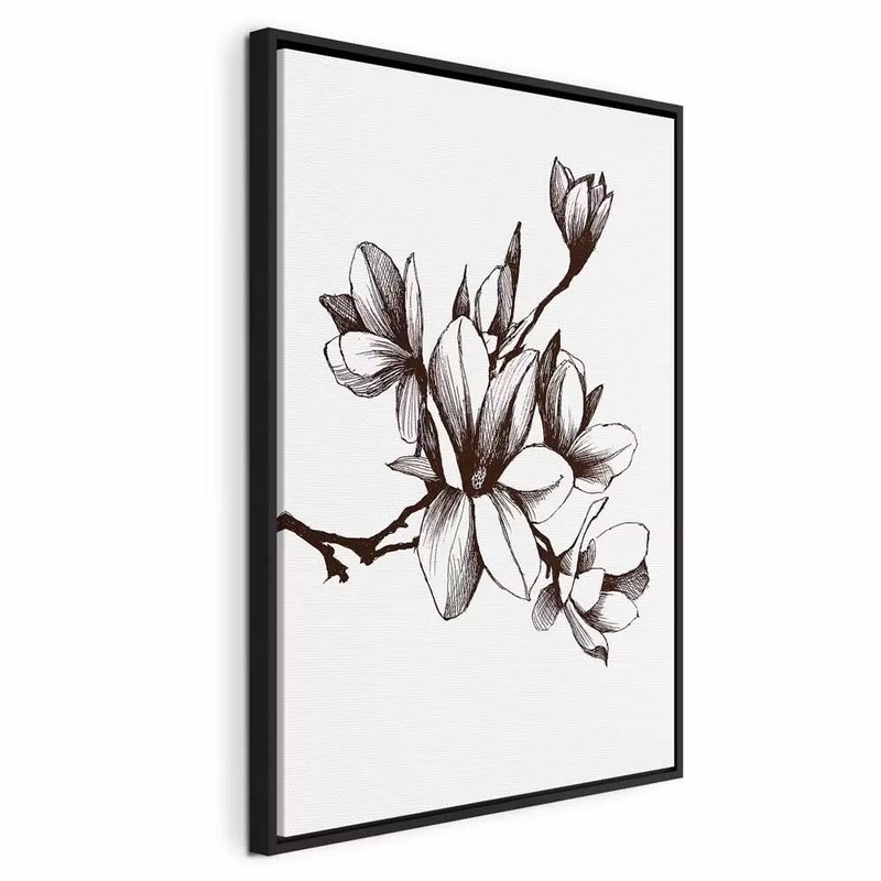 Renaissance magnolias – svart ram. Blommande magnoliagrenar tecknas med bruna och svarta konturer mot en vit bakgrund.