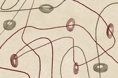 Lines and shapes bead – motivvy. Tunna röda och gröna linjer möter små ovala former över en ljust beige bakgrund.