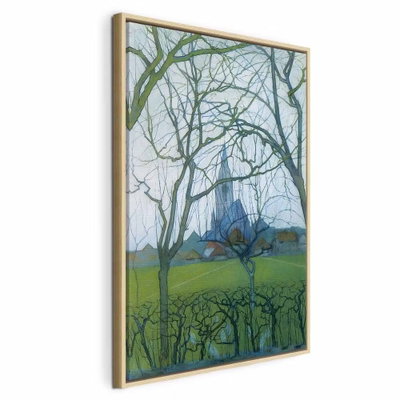Piet mondrian st jacob and s – naturfärgad ram. Gröna och mörka kala trädgrenar slingrar sig framför ett öppet fält och en avlägsen kyrkbyggnad.