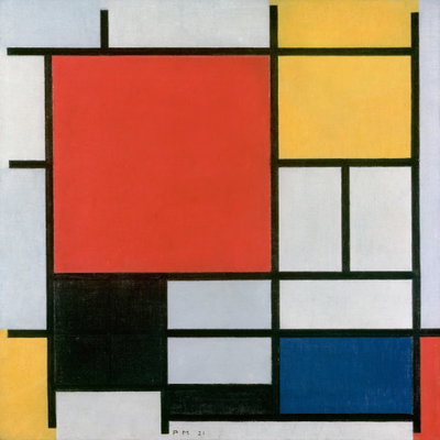 Piet mondrian composition – motivvy. Ett stort rött fält möter gula, vita och blå rektanglar inom kraftiga svarta linjer.