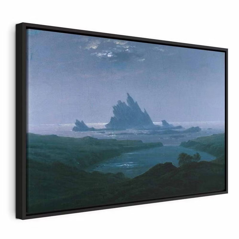 Caspar david friedrich cliff – svart ram. Skarpa, mörka klippor reser sig i ett kallt blågrönt hav under en stor, disig himmel.