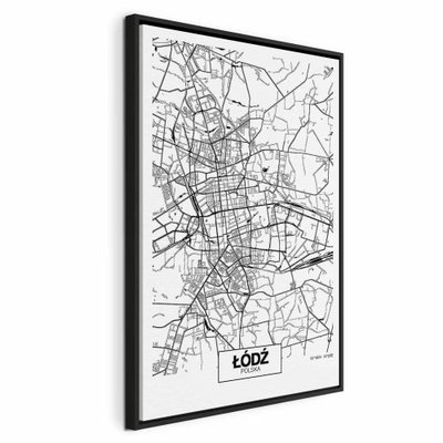 City plan lodz vertical – svart ram. Ett finmaskigt gatunät fyller en ljus stående karta med namnet ŁÓDŹ i en liten ruta nedtill.