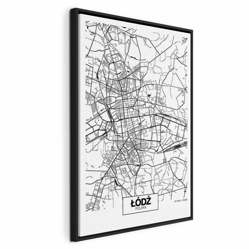 City plan lodz vertical – svart ram. Ett finmaskigt gatunät fyller en ljus stående karta med namnet ŁÓDŹ i en liten ruta nedtill.
