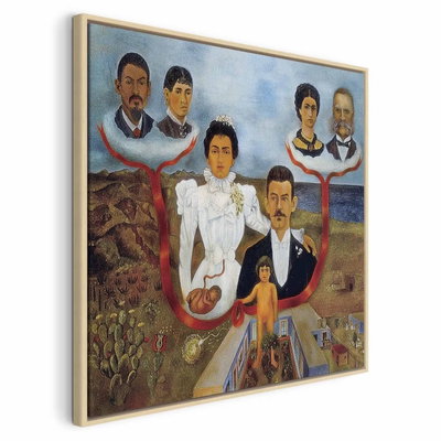 Frida kahlo my grandparents – naturfärgad ram. Porträtt av flera generationer binds samman av röda grenar över ett landskap och en liten byggnad.