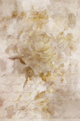 Painted dreams vertical – motivvy. En stor blek ros möter tunna skrivna linjer och gulbruna skiftningar på en åldrad, ljus bakgrund.
