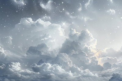 Astral calm stars scattered – motivvy. Stora vita och grå moln ligger under en blekt blågrå himmel med små, ljusa stjärnpunkter.