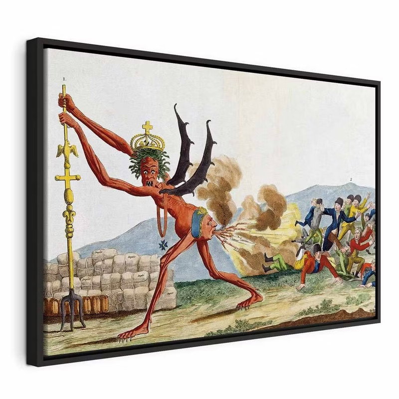 Jacques louis david – svart ram. En karikerad gestalt med krona och utsträckta armar möter mindre gestalter i ett ljust, historiskt bildmotiv.