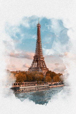 Paris view vertical – motivvy. Eiffeltornet och omgivande byggnader återges i varma färger med blå och rosa akvarellskiftningar.