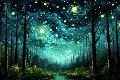 Starry night a contemporary – motivvy. Mörka trädstammar ramar in en blågrön natthimmel med många små gulaktiga ljuspunkter.