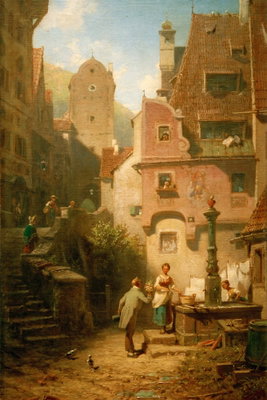 Carl spitzweg well wisher – motivvy. Små figurer står kring en brunn mellan varma, gulbruna husfasader med små fönster och detaljer.