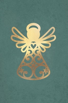 Angelic christmas vertical – motivvy. En stiliserad guldfärgad ängel med snirkliga vingar och små hjärtformer står mot en mörkt blågrön bakgrund.