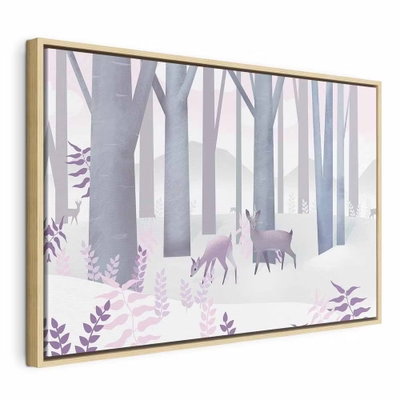 Fairy tale forest vertical – naturfärgad ram. Två stiliserade hjortdjur möts bland höga gråvioletta träd och ljusa, snöliknande kullar.