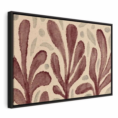 Leaves and spots large – svart ram. Stora rostfärgade bladliknande former och runda fläckar bildar ett mönster på beige botten.