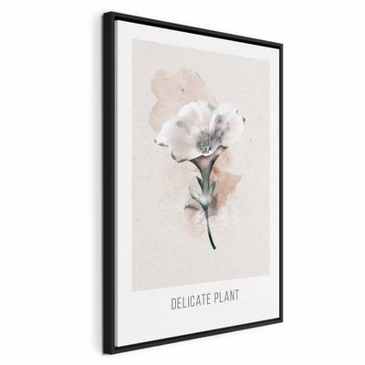 Delicate plant vertical – svart ram. En liten vit blomma med grön stjälk ligger över blekt rosa akvarellskikt och en bred ljus marginal.