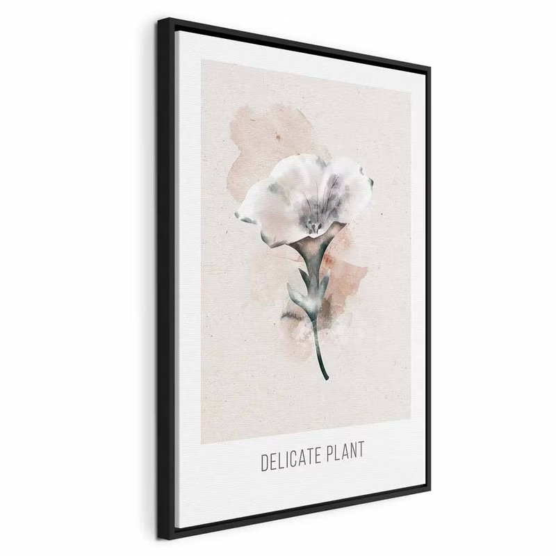 Delicate plant vertical – svart ram. En liten vit blomma med grön stjälk ligger över blekt rosa akvarellskikt och en bred ljus marginal.