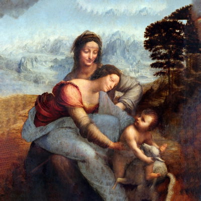 Kvadratisk motivförlaga för Leonardo da Vinci: Två kvinnor och ett barn med ett lamm bildar en sammanhållen figurgrupp framför ett bergslandskap.