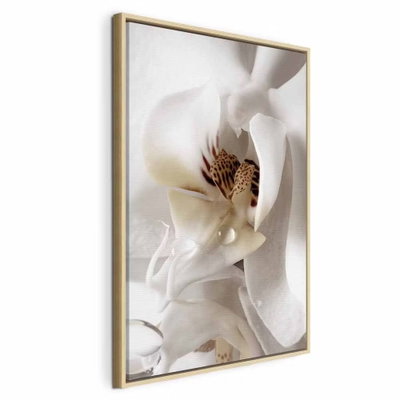 Drop of dreams vertical – naturfärgad ram. Mjukt vikta vita kronblad omger en gulbrun blommitt. Täta utsnitt och skuggor lyfter blombladens former.