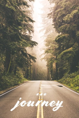 Journey into the unknown – motivvy. En väg leder mellan höga mörka barrträd mot ljust dis, med en vit textdetalj nedtill.