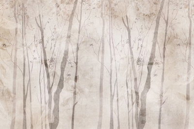 Beige forest of thoughts – motivvy. Smala, bleka trädstammar och skissartade kvistar ligger över varandra i ett ljust beige skogsmotiv.