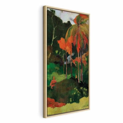 Paul gauguin mahana maa i – naturfärgad ram. Höga palmer med orange blad möter gröna landskapsfält och en liten figur.