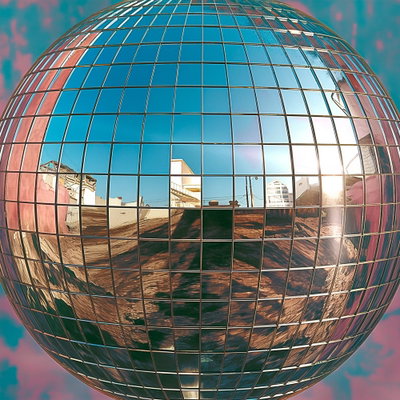 Kvadratisk motivförlaga för Platinum disco ball: En spegelliknande discokula återger en solbelyst stadsmiljö i sina rutformade fält.