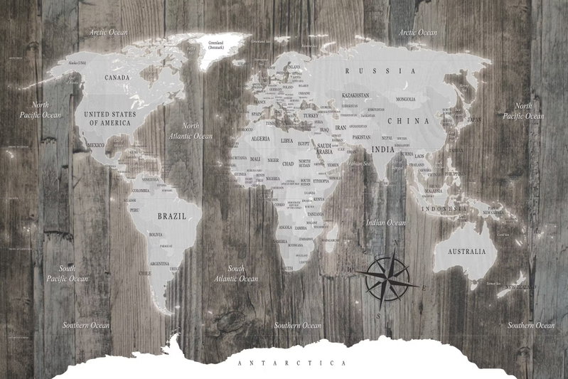World of wood: Vita och grå länder ligger över en bakgrund som föreställer lodräta, mörka träplankor.
