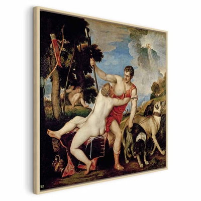 Titian venus and adonis – naturfärgad ram. Målade gestalter, hundar och röda och vita tygpartier samlas i ett grönbrunt landskap.