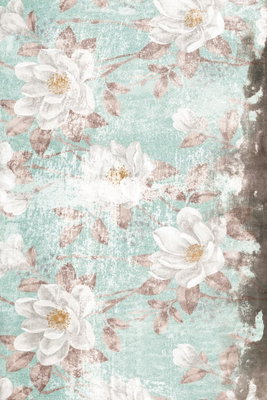 Roman flowers vertical – motivvy. Vita blommor och mjuka bladformer ligger över en sliten bakgrund i ljust turkost och rosa.