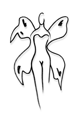 Butterfly woman vertical – motivvy. En enkel svart kvinnlig figur med stora, fjärilsliknande vingkonturer tecknas mot en vit botten.