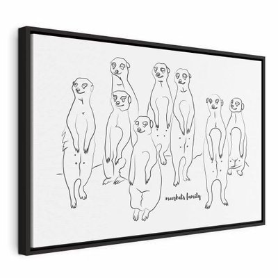 Animal patrol meerkats on – svart ram. En grupp stående surikater återges med få tunna svarta konturlinjer på en stor vit bildyta.