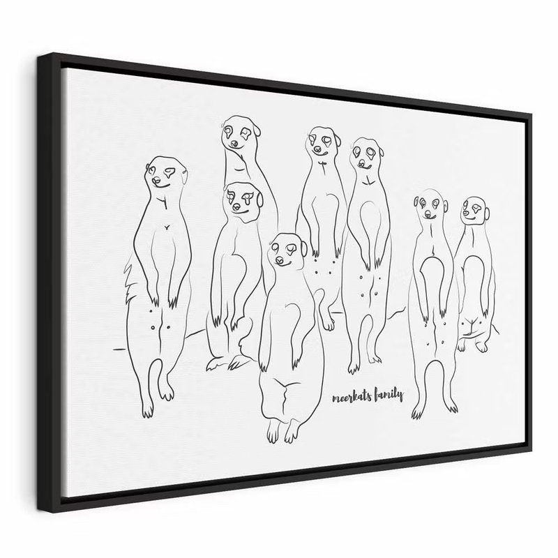 Animal patrol meerkats on – svart ram. En grupp stående surikater återges med få tunna svarta konturlinjer på en stor vit bildyta.