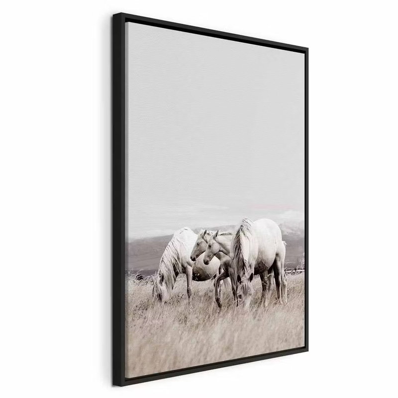 White horses vertical – svart ram. En flock vita hästar betar i torrt gräs under en stor, ljust grå himmel.