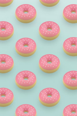 Pastel donuts vertical – motivvy. Små illustrerade munkar med rosa glasyr och ljusa strössel upprepas över en mintgrön botten.