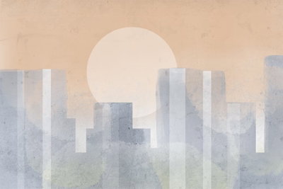 Modern city wide second – motivvy. Mjuka grå rektanglar bildar en stadssiluett framför en ljus cirkel på varmt rosa botten.
