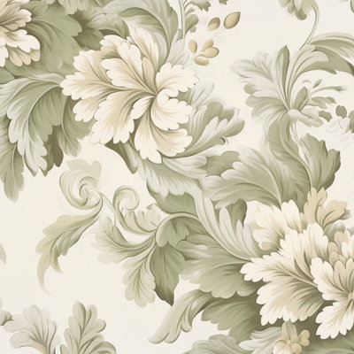 Kvadratisk motivförlaga för Retro vintage flowers: Vita blommor och böjda blad bildar ett stort mönster i dämpat grönt mot en ljus botten.