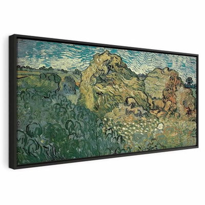Vincent van gogh field with – svart ram. Ett grönt fält och träd i bildens ena del återges med tydliga penseldrag och sammanhållna färgfält.